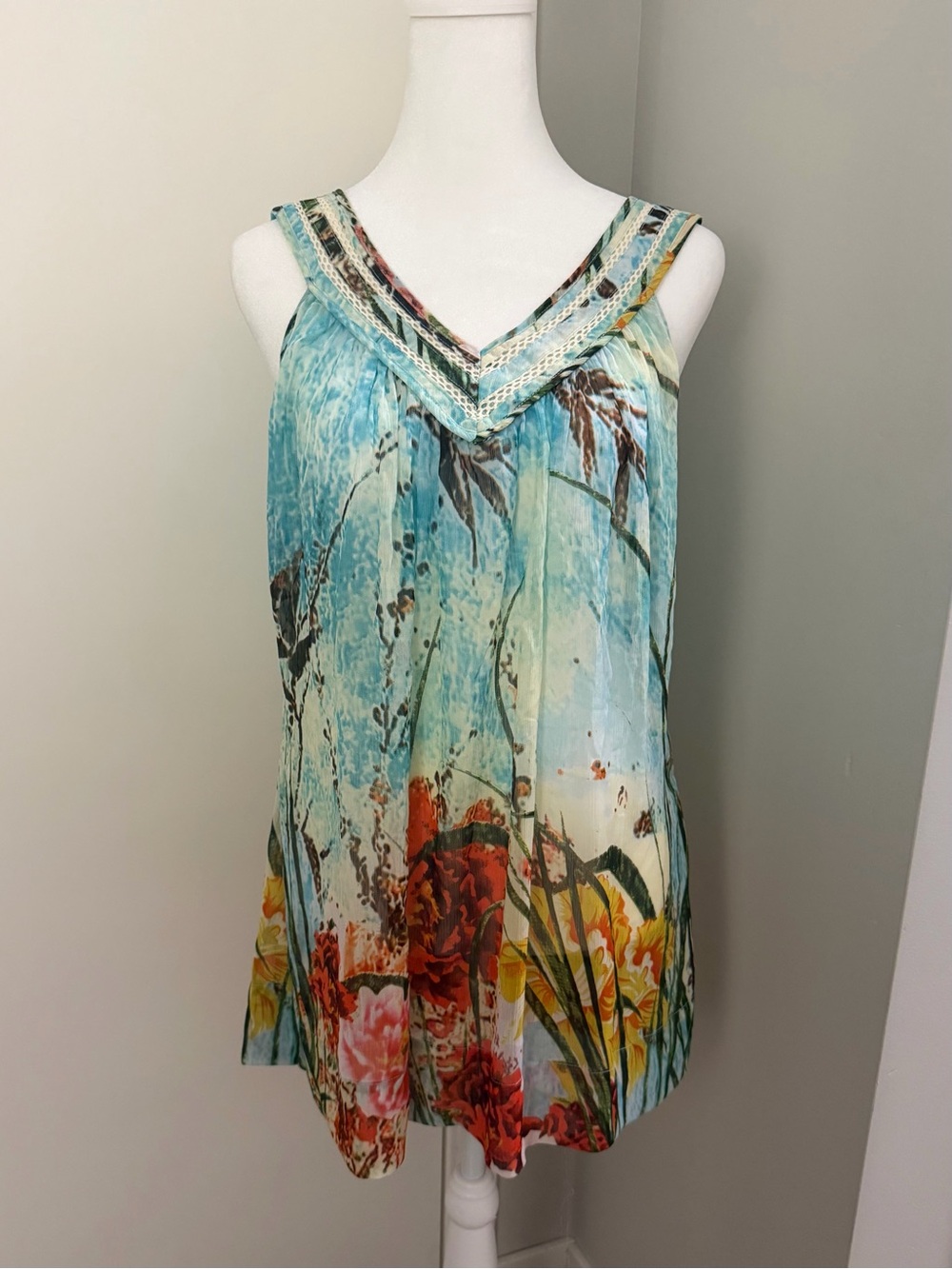 Y2K Sleeveless Lace V-Neck Fairycore Summer Dress Aqua with Red & Yellow Blooms